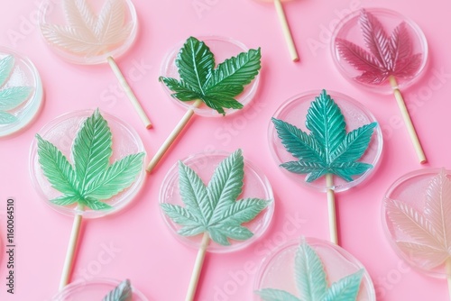 Colorful cannabis leaf lollipops on pink background. photo