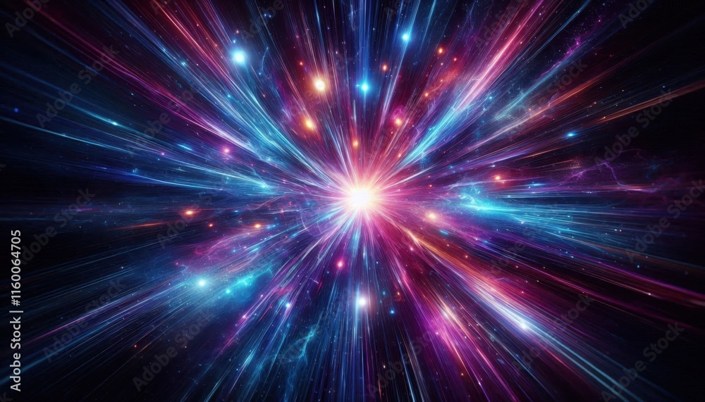 Cosmic explosion, vibrant energy burst, radiant light rays, deep space, swirling colors, blue and purple nebula, star formation, interstellar dust, celestial fireworks, dynamic motion blur, galactic c Cosmic explosion, vibrant energy burst, radiant light rays, deep space, swirling colors, blue and purple nebula, star formation, interstellar dust, celestial fireworks, dynamic motion blur, galactic c