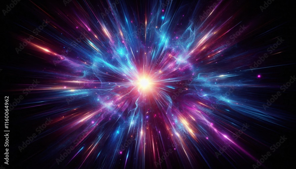 Cosmic explosion, vibrant energy burst, radiant light rays, deep space, swirling colors, blue and purple nebula, star formation, interstellar dust, celestial fireworks, dynamic motion blur, galactic c Cosmic explosion, vibrant energy burst, radiant light rays, deep space, swirling colors, blue and purple nebula, star formation, interstellar dust, celestial fireworks, dynamic motion blur, galactic c