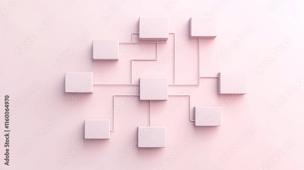 Obraz premium Abstract network of interconnected pale pink cubes on a pink background.