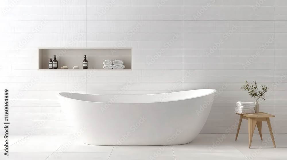 Fototapeta premium Elegant Minimalist Bathroom Featuring a Freestanding Bathtub, Stylish Shelves with Spa Essentials, White Textures, and a Touch of Greenery for a Relaxing Ambience