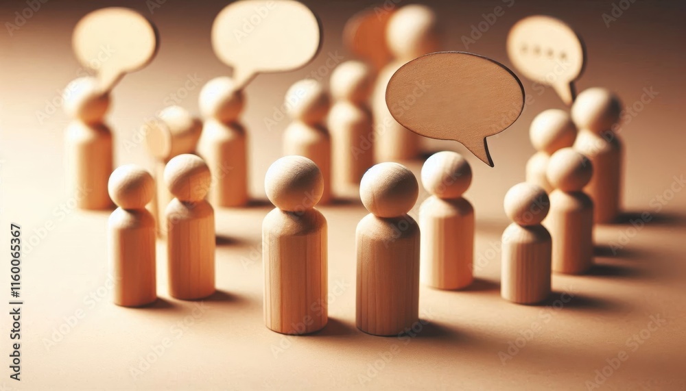 wooden figurines, speech bubbles, communication concept, minimalist design, warm tones, shallow depth of field, soft lighting, abstract representation, dialogue illustration, simplistic shapes, conver