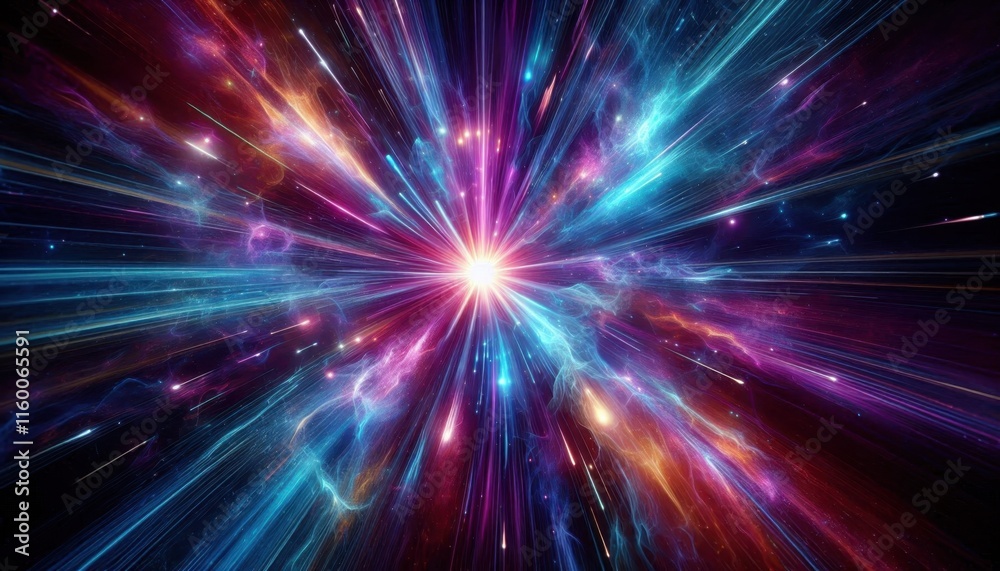 Cosmic explosion, vibrant energy burst, radiant light rays, deep space, swirling colors, blue and purple nebula, star formation, interstellar dust, celestial fireworks, dynamic motion blur, galactic c Cosmic explosion, vibrant energy burst, radiant light rays, deep space, swirling colors, blue and purple nebula, star formation, interstellar dust, celestial fireworks, dynamic motion blur, galactic c