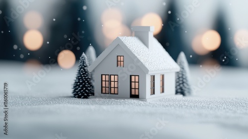 Cozy white house surrounded by snow-covered trees with a dreamy winter backdrop and glowing bokeh lights