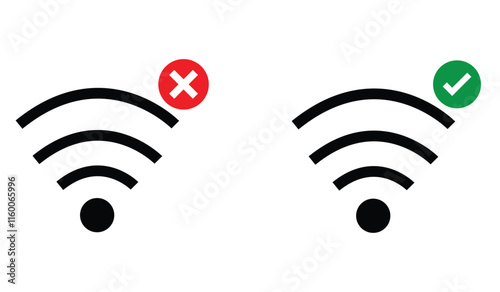 Wi-Fi connection status connected vs disconnected icon symbol with green tick and red cross sign.
