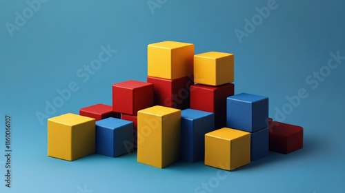 Abstract Colorful Blocks Composition: A 3D Render of Stacked Cubes in Yellow, Red, and Blue, Representing Growth, Structure, or Design.