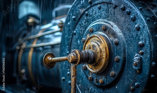 Wallpaper Mural Close-up of a vintage steam engine's control wheel in the rain. Torontodigital.ca