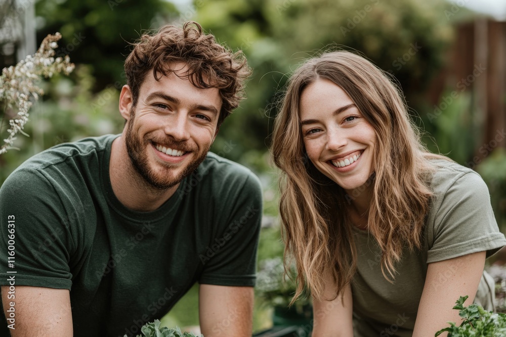 Joyful Young Couple Smiling in Garden Surrounded by Greenery and Plants, Showcasing Love for Nature and Sustainable Living Outdoors Joyful Young Couple Smiling in Garden Surrounded by Greenery and Plants, Showcasing Love for Nature and Sustainable Living Outdoors