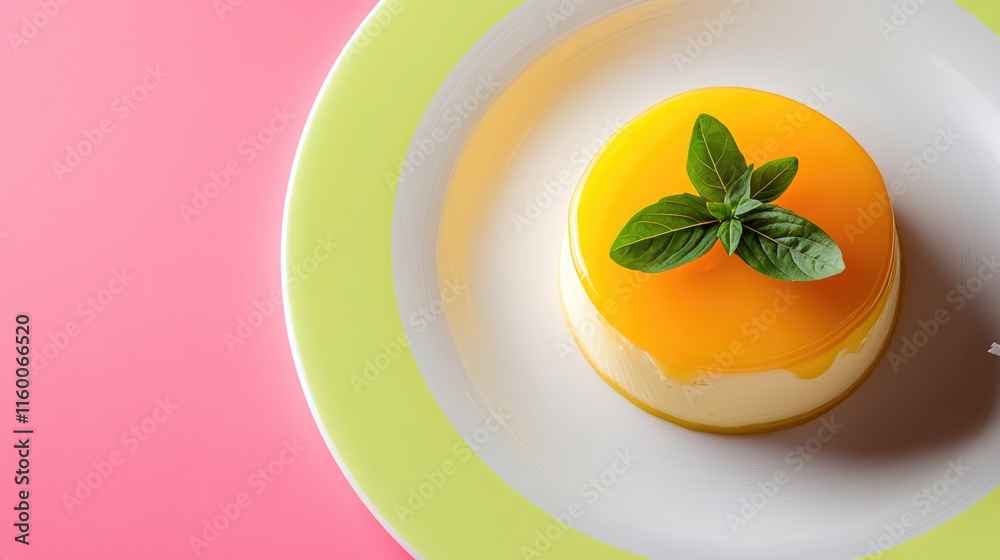 Creamy Dessert with Orange Jelly and Fresh Mint Leaf on Plate Creamy Dessert with Orange Jelly and Fresh Mint Leaf on Plate