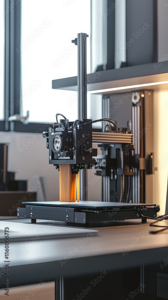 Fototapeta premium Modern 3D Printer on Desk in Bright and Innovative Office Environment