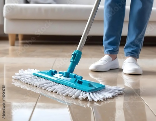 Person mopping a clean tiled floor indoors photo