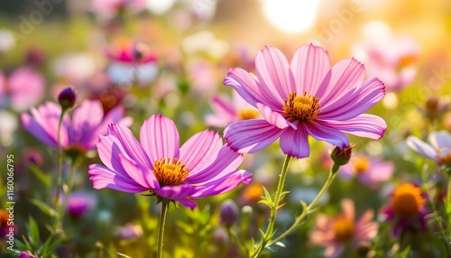 Cosmos colorful flower in the field. Photo toned style instagram filters. Nature background. Cosmos flowers background. Wildflowers in the countryside. Pink cosmos flower. Close-up of pink flowers