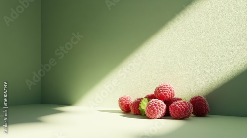 Fresh Raspberries on Soft Green Background with Light Shadows photo