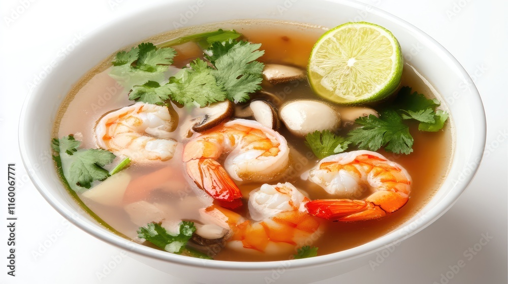 Delicious Shrimp Soup with Fresh Herbs and Lime on White Background Delicious Shrimp Soup with Fresh Herbs and Lime on White Background