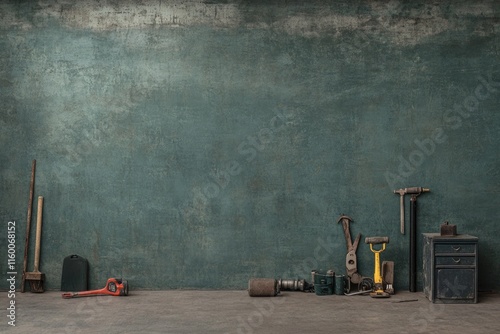Vintage Workshop Tools Against a Teal Background