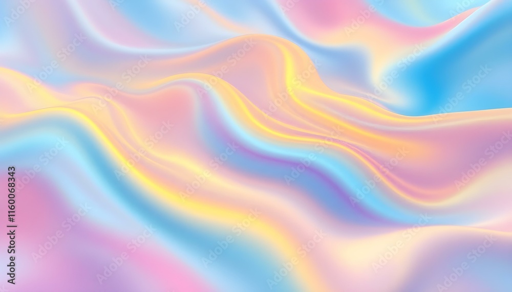 Obraz premium Modern abstract pastel iridescent holographic foil background. 3d render. Holographic silk background. Abstract iridescent gradient background. Abstract fluid iridescent holographic metallic wave