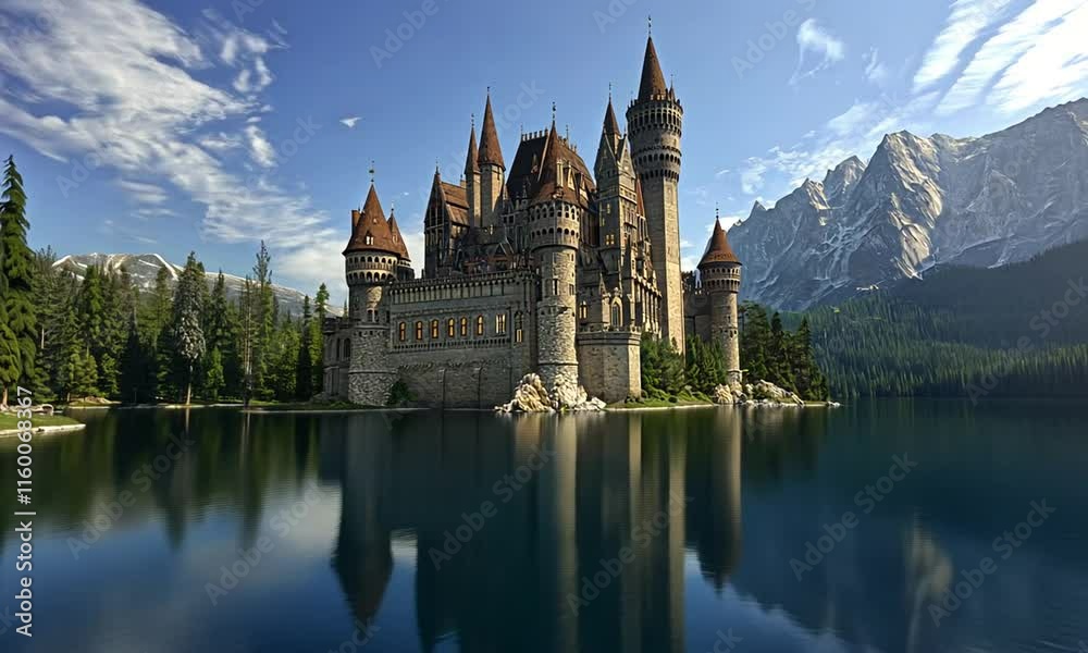 A majestic castle surrounded by mountains and a serene lake. A majestic castle surrounded by mountains and a serene lake.