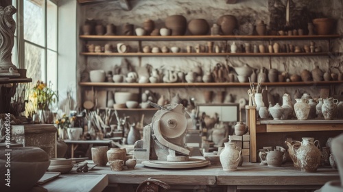 A tranquil pottery studio with spinning wheels and clay sculptures in progress, Artisan tools organized in a rustic workshop, Craftsmanship ambiance style