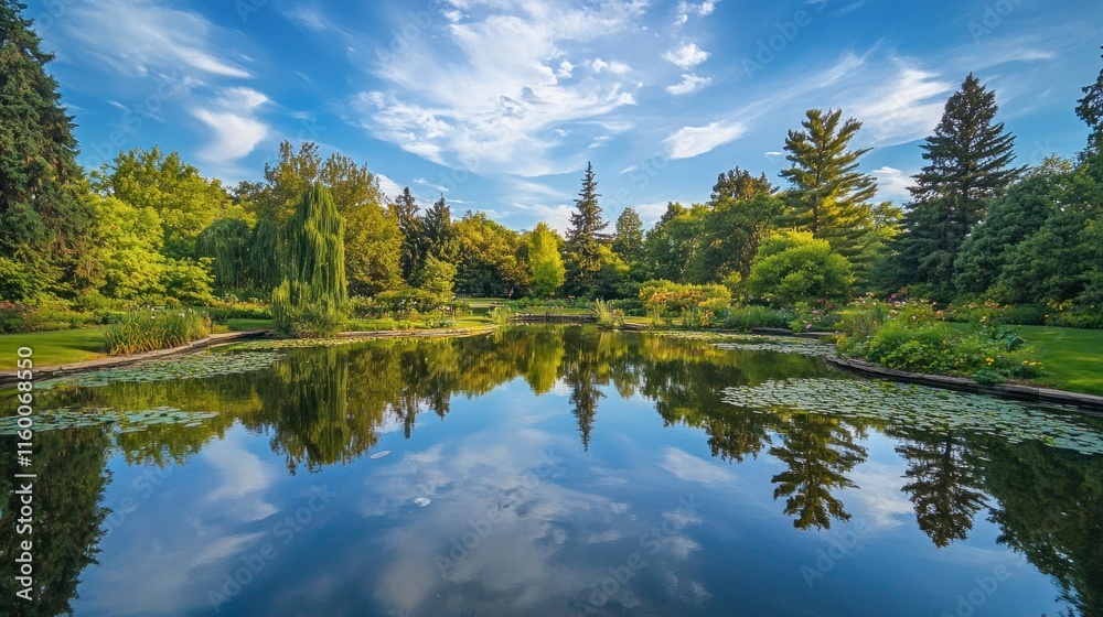 Fototapeta premium Tranquil Pond Amidst Lush Greenery