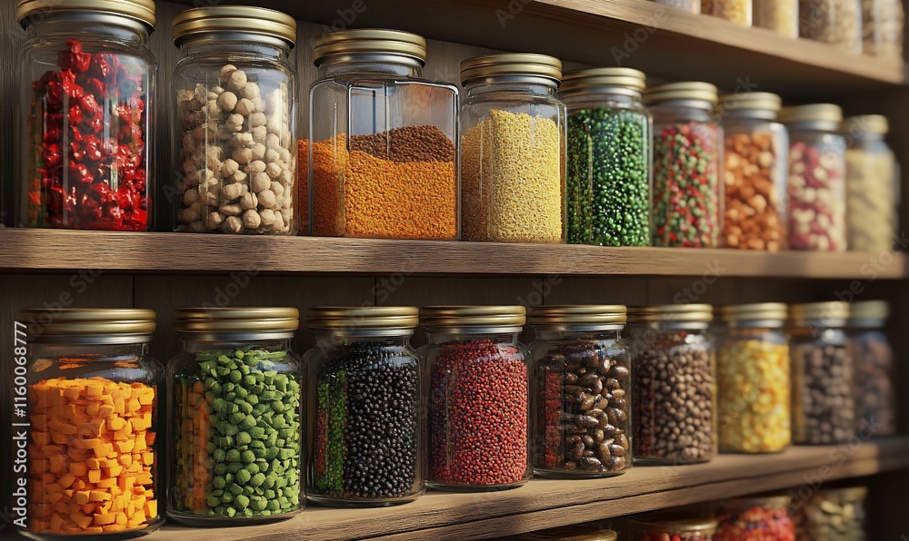 Colorful spices and legumes in glass jars on wooden shelves. Colorful spices and legumes in glass jars on wooden shelves.