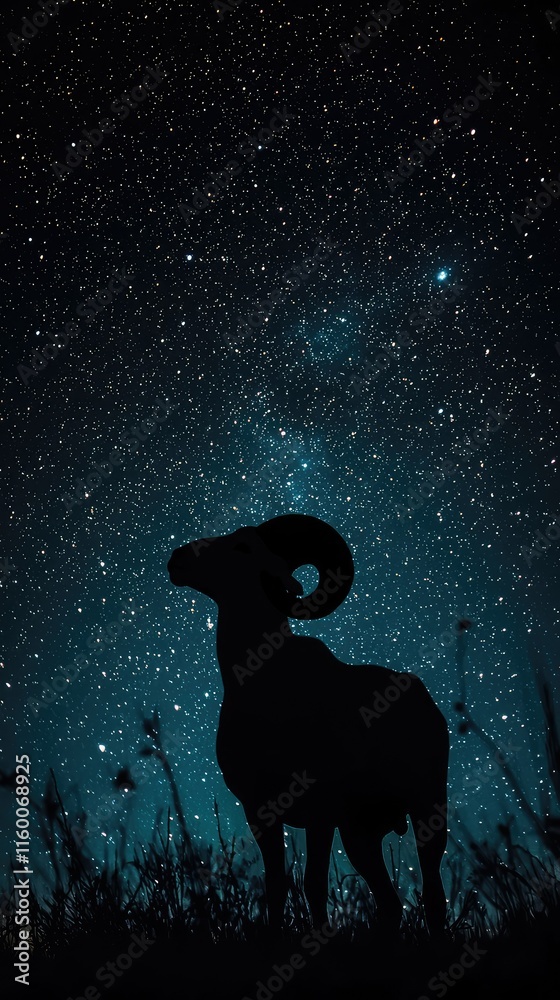 Silhouette of a Ram Under a Starry Night Sky with Milky Way Silhouette of a Ram Under a Starry Night Sky with Milky Way