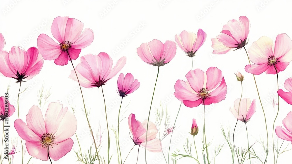 Watercolor of pink cosmos flower isolated on white background,Collection cosmea flower and leaves,wildflowers seamless pattern,soft colorful blooming flower background. Watercolor of pink cosmos flower isolated on white background,Collection cosmea flower and leaves,wildflowers seamless pattern,soft colorful blooming flower background.