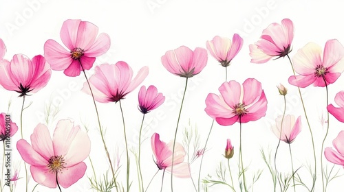 Wallpaper Mural Watercolor of pink cosmos flower isolated on white background,Collection cosmea flower and leaves,wildflowers seamless pattern,soft colorful blooming flower background. Torontodigital.ca