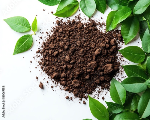 EARTH DAY written in vibrant brown soil on a white background, surrounded by fresh green leaves, symbolizing nature and environmental awareness photo