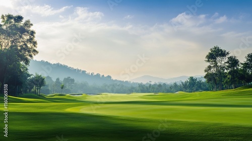 A tranquil scene of a serene golf course, Pristine fairways stretching into the distance, Classic landscape style