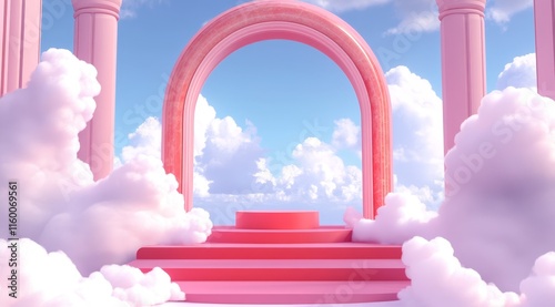 Pink archway, clouds, columns, pedestal, sky.