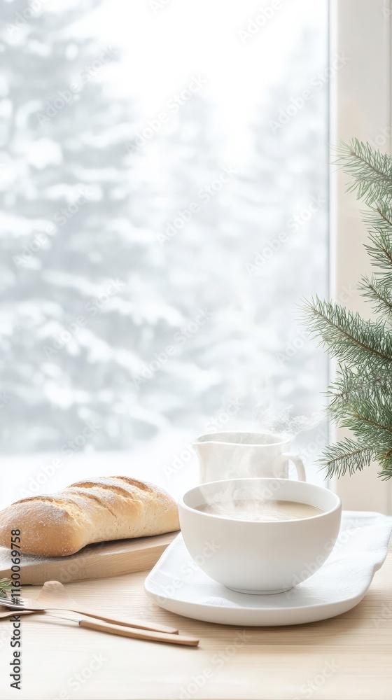 Cozy Winter Morning Scene with Hot Coffee, Freshly Baked Bread, and Pine Branches on a Wooden Table with Soft Snowy Background Cozy Winter Morning Scene with Hot Coffee, Freshly Baked Bread, and Pine Branches on a Wooden Table with Soft Snowy Background