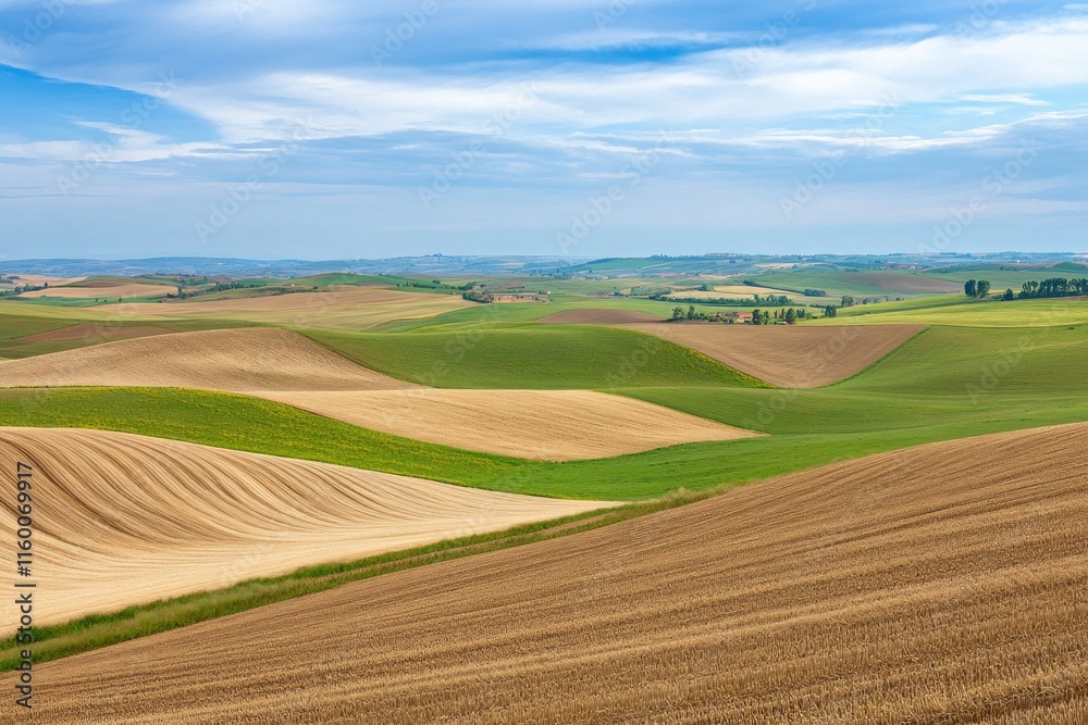 A Panoramic View of Rolling Hills and Farmlands A Panoramic View of Rolling Hills and Farmlands