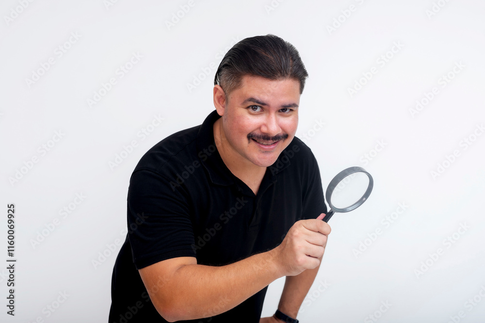 Smiling man examining with magnifying glass, white background, curious posture Smiling man examining with magnifying glass, white background, curious posture