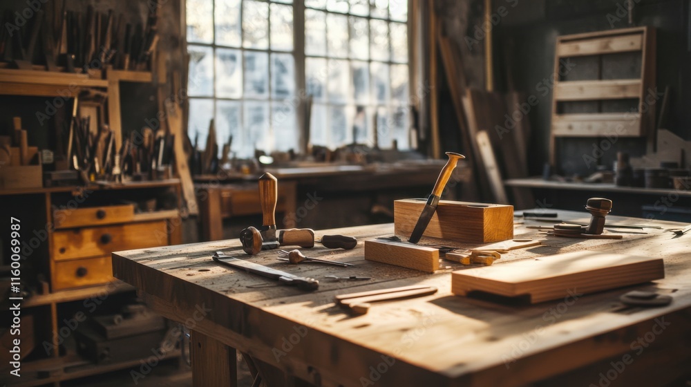 A tranquil woodworking studio with hand tools and polished wood pieces, Tools arranged on a workbench in soft lighting, Artisan woodworking style A tranquil woodworking studio with hand tools and polished wood pieces, Tools arranged on a workbench in soft lighting, Artisan woodworking style