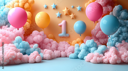 First Birthday Dreamland: Pastel Balloons and Clouds First Birthday 