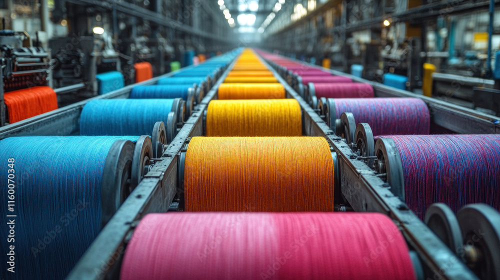 Obraz premium A textile manufacturing factory with rows of colorful fabrics being processed through machines