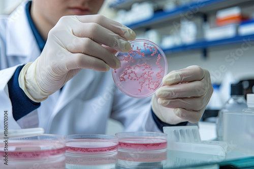 Close-up of a researcher handling bacterial cultures for drug development photo