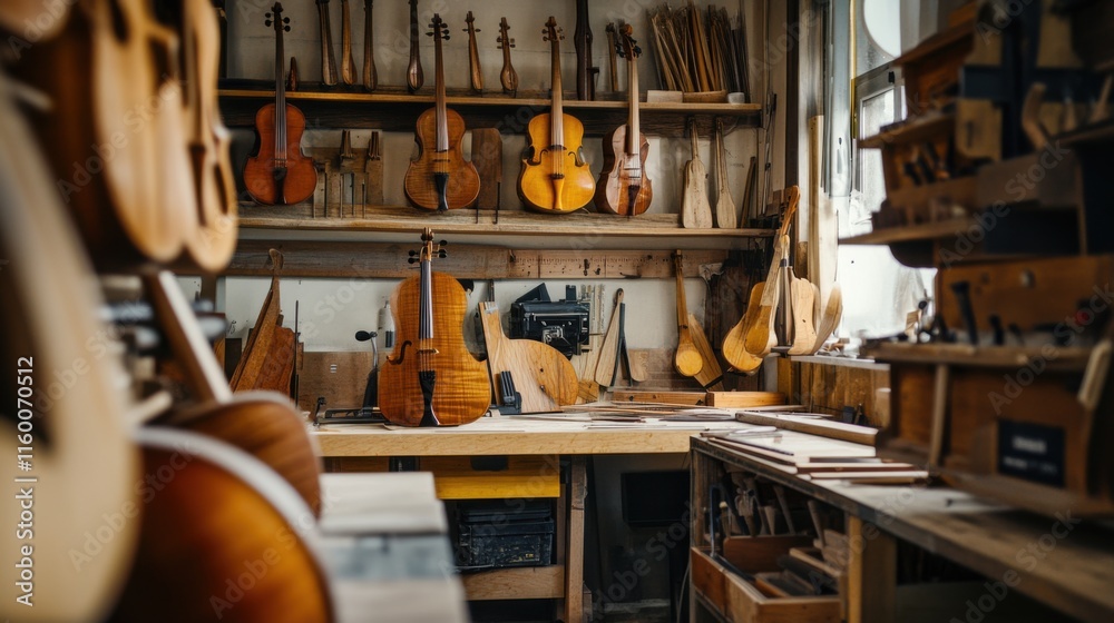 A tranquil woodworking workshop with handcrafted musical instruments, Woodworking tools arranged in a symphony of creative craftsmanship, Musical instrument making style A tranquil woodworking workshop with handcrafted musical instruments, Woodworking tools arranged in a symphony of creative craftsmanship, Musical instrument making style