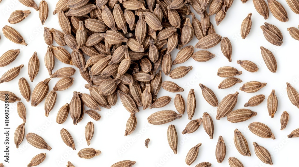 Indian black cumin seeds, top view, photorealistic spice texture, isolated on white background Indian black cumin seeds, top view, photorealistic spice texture, isolated on white background