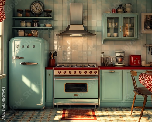 A cozy vintage kitchen with a gas stove, retro fridge, and vintage decor, featuring soft lighting and classic patterns for a nostalgic feel photo