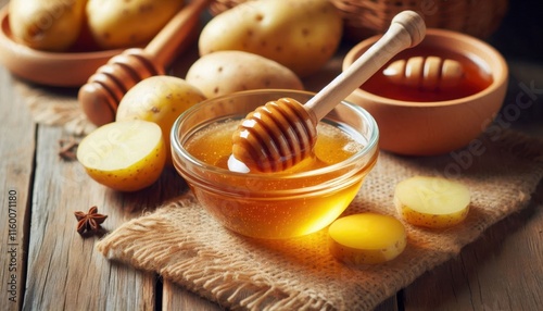 Honey in glass bowl, golden hour lighting, rustic wooden table, lemon slices, tea cup, honey dipper, fresh bread rolls, warm tones, soft focus, food photography, cozy atmosphere, natural ingredients, 