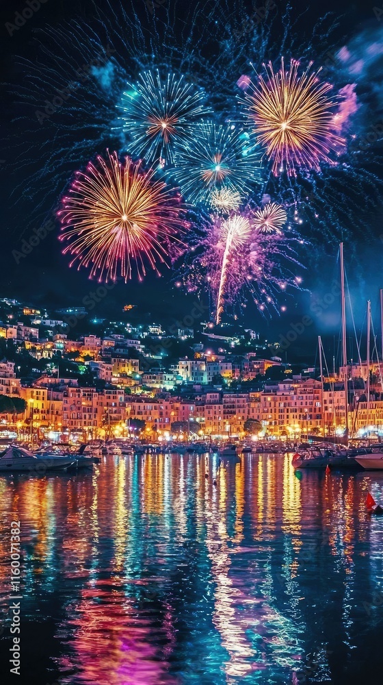 Obraz premium Colorful Fireworks Display Over a Coastal City at Night