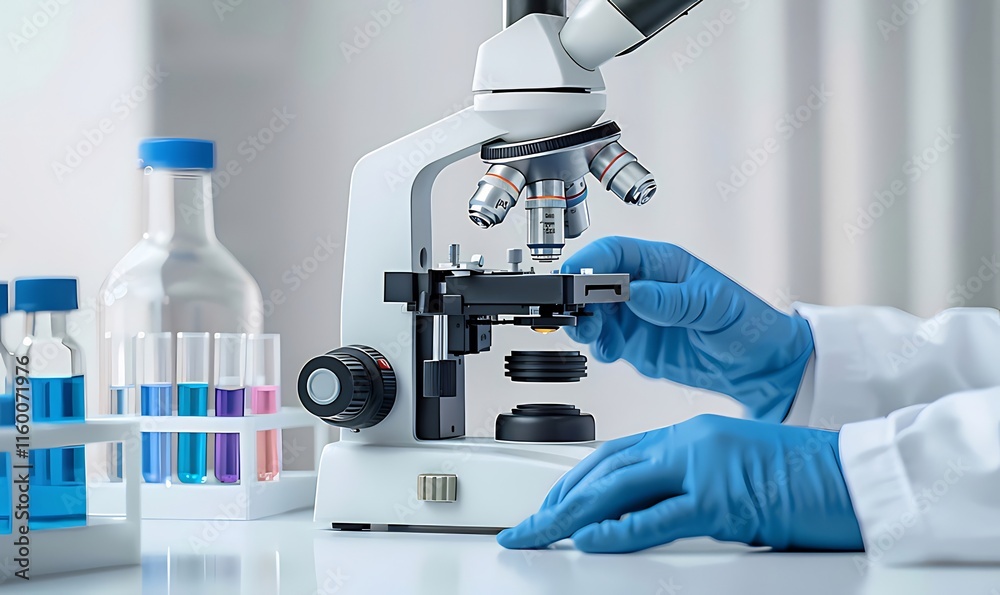 Scientist's gloved hands carefully place a sample slide onto a modern microscope in a bright laboratory setting.