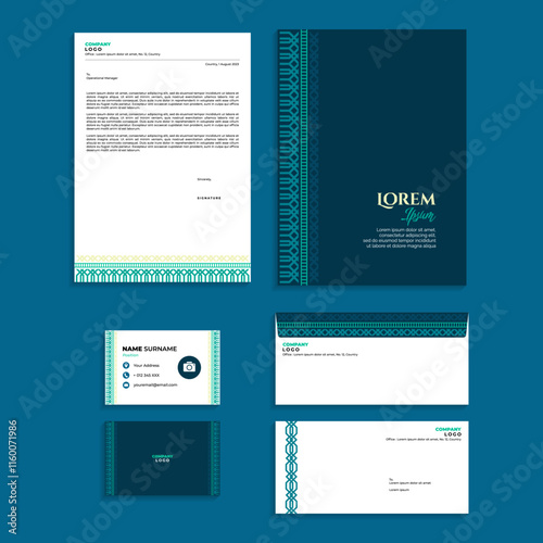 Office Stationery Equipment Set Design with Oriental Geometric Motif 