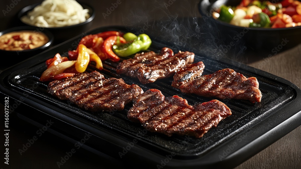 Grilled Meat with Peppers on Sizzling Plate in Cozy Restaurant Setting