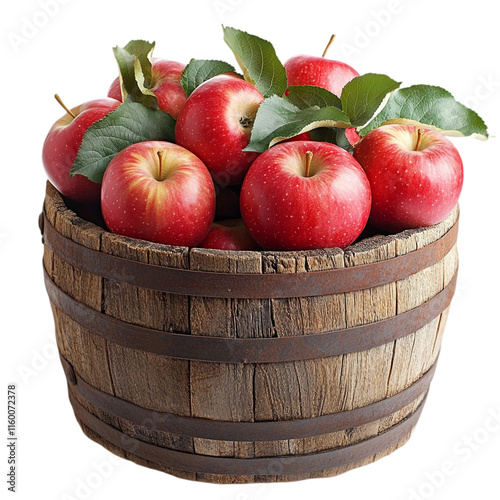 Fresh Red Apples in Wooden Barrel Isolated on transparent Background, png photo