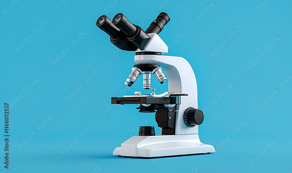 White microscope with two lenses on a blue background. White microscope with two lenses on a blue background.