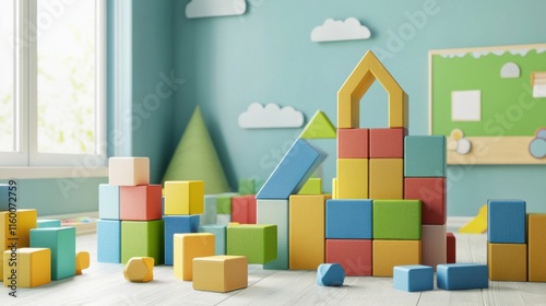 A vibrant block-building play area in a bright room, Colorful blocks creatively arranged, Contemporary playful style