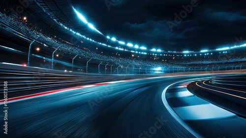 Night race track, speed, motion blur, lights.