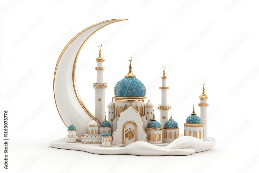 3D Crescent and Mosque Scene Isolated and White Background 3D Crescent and Mosque Scene Isolated and White Background